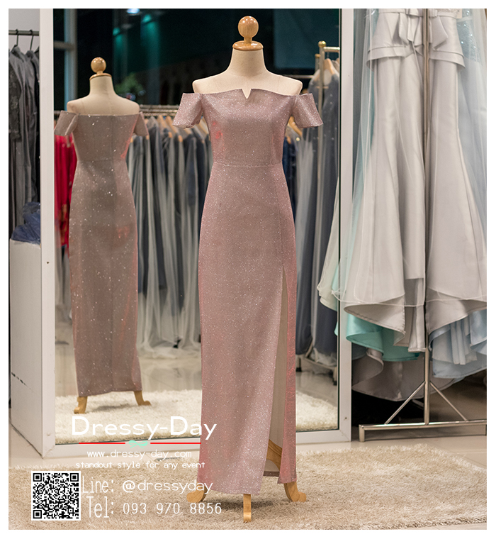 รหัส ชุดราตรียาวคนอ้วน : PK036 ชุดแซก ชุดราตรียาวมีแขน หรู สีชมพู ไหล่ปาด ผ้ากริตเตอร์ เรียบหรู เหมาะสำหรับงานแต่งงาน งานกลางคืน กาล่าดินเนอร์