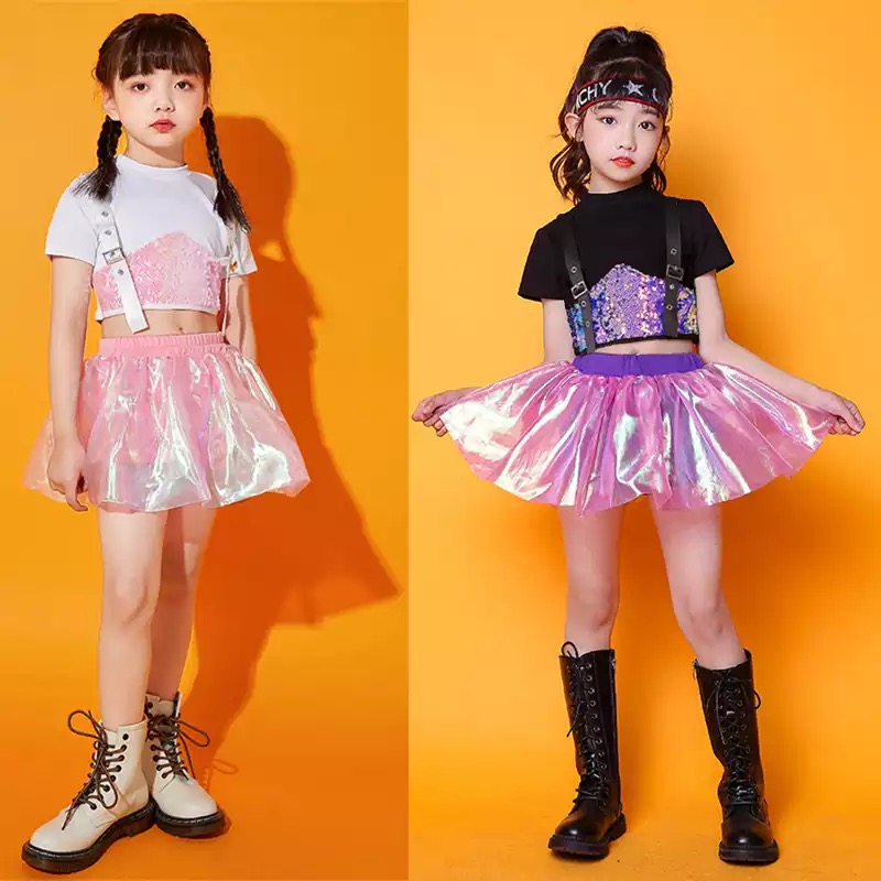 ชุดเต้น ฮิปฮอป เสื้อแขนสั้นสีดำ+กระโปรง วิ้ง