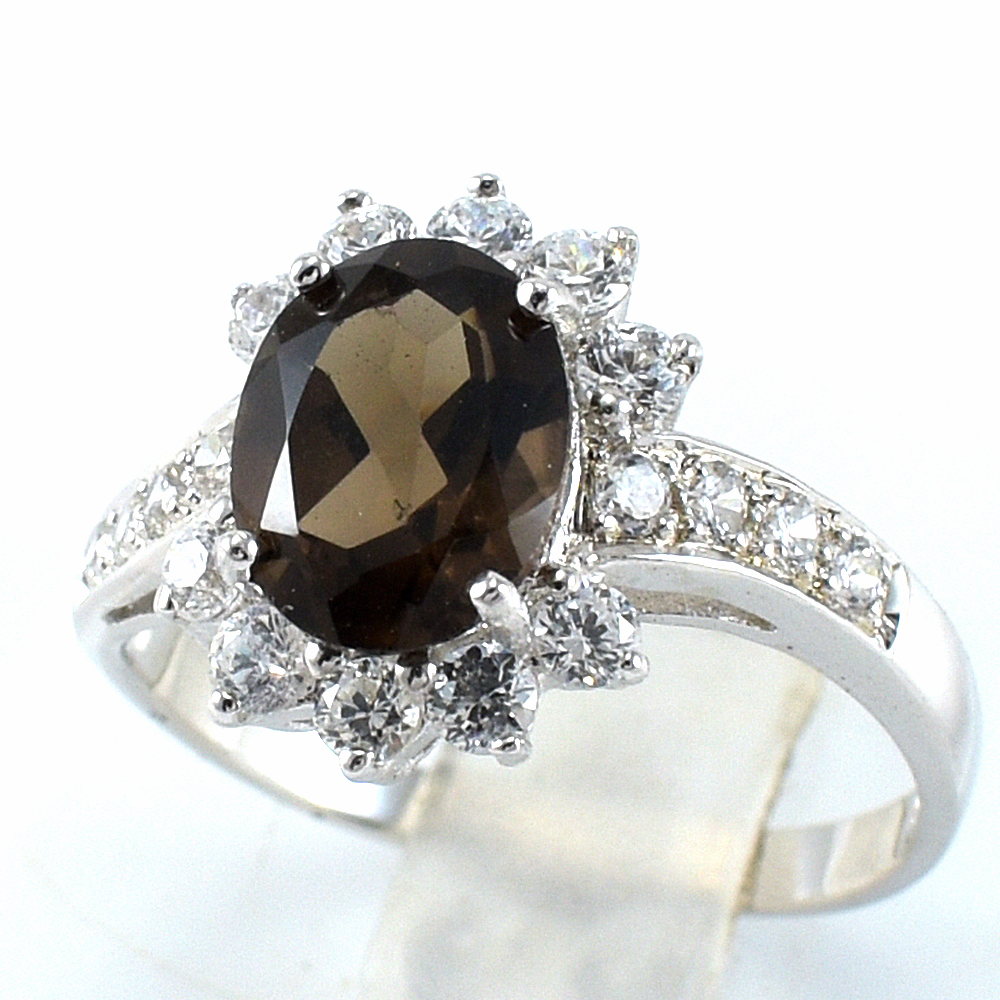 แหวนเงินแท้ราคาถูกชุบทองคำขาว พลอยแท้สโมกกี้ควอทซ์ 2.25 กะรัต งานประณีตสวยงาม สั่งผลิตค่ะ