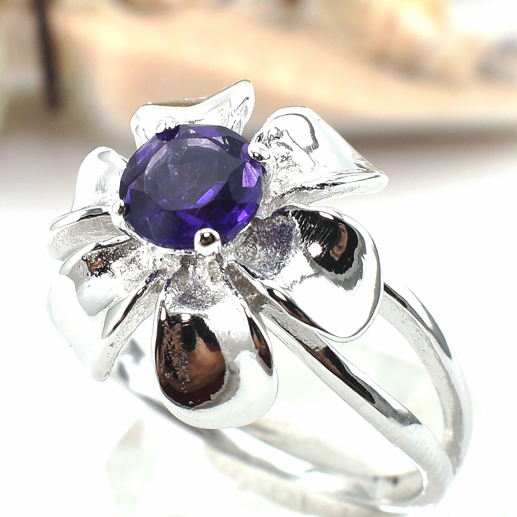 แหวนเงินแท้ราคาถูกชุบทองคำขาว แอมิทิสต์แท้ 0.50 กะรัต งานประณีตสวยงาม สั่งผลิตค่ะ