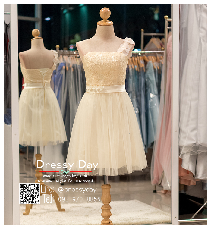 รหัส ชุดราตรีสั้น : BB071 ชุดแซก ชุดราตรี สีครีม ไหล่เฉียง เรียบหรูเหมาะใส่ออกงานกลางคืน งานคอกเทล