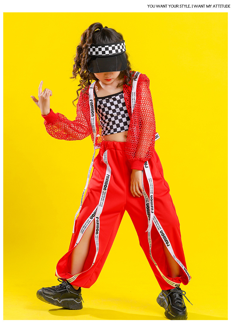 ชุดStreet Dance HIPHOP เสื้อตาข่ายแดง+เสื้อลำลอง+กางเกง