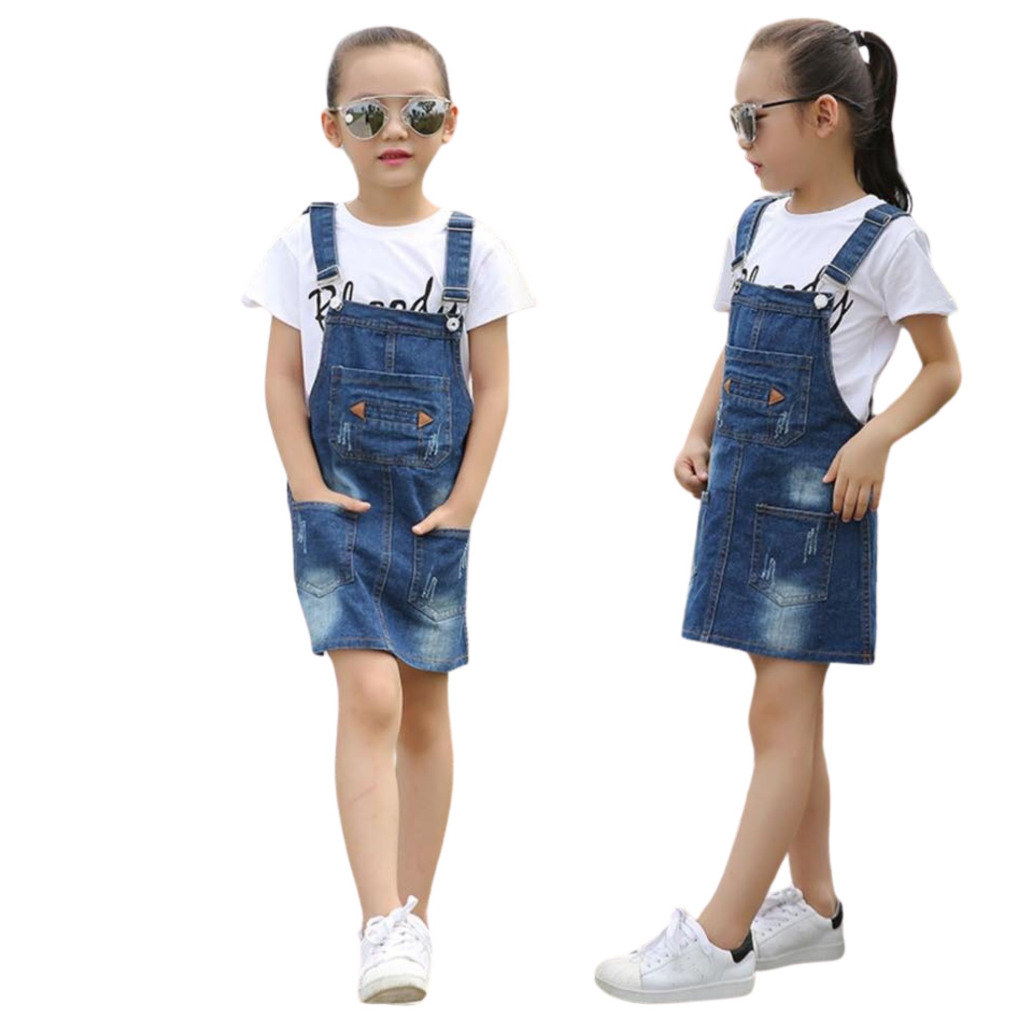 พร้อมส่ง ชุดเด็ก ชุดเซ็ต เดรสแขนยาว+เอี้ยมยีนส์ เอี๊ยมเด็ก