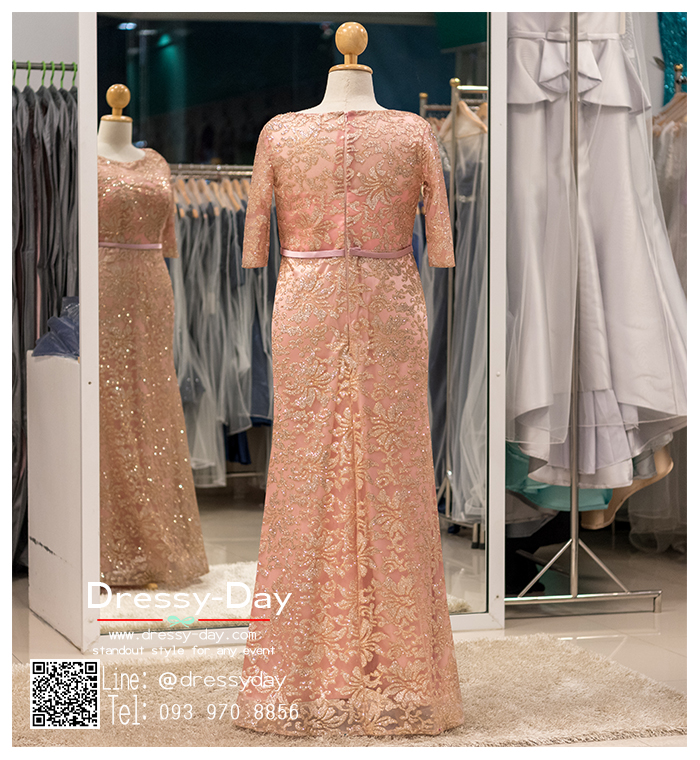 รหัส ชุดราตรีคนอ้วน :PFL074 ชุดราตรียาวคนอ้วน ผ้าลูกไม้เรียบหรู งานปักมือ สีชมพู เหมาะสำหรับงานแต่งงาน งานกลางคืน กาล่าดินเนอร์ มีแขน