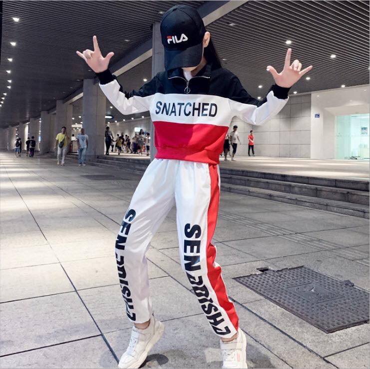 F ชุดเต้น ฮิปฮอป เสื้อโปโลแขนยาว สีดำ+กางเกง