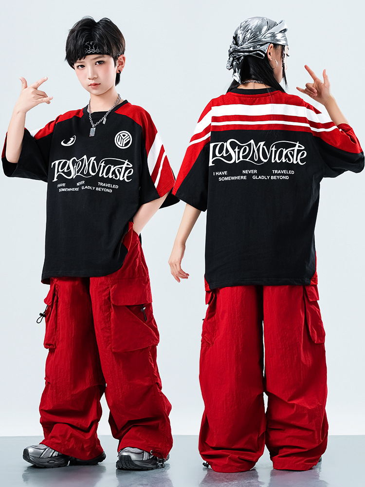 Friendly4kidชุดเต้นเด็กชาย/หญิง set เสื้อ+กางเกง สีดำ-แดงสไตล์สตรีทแดนซ์