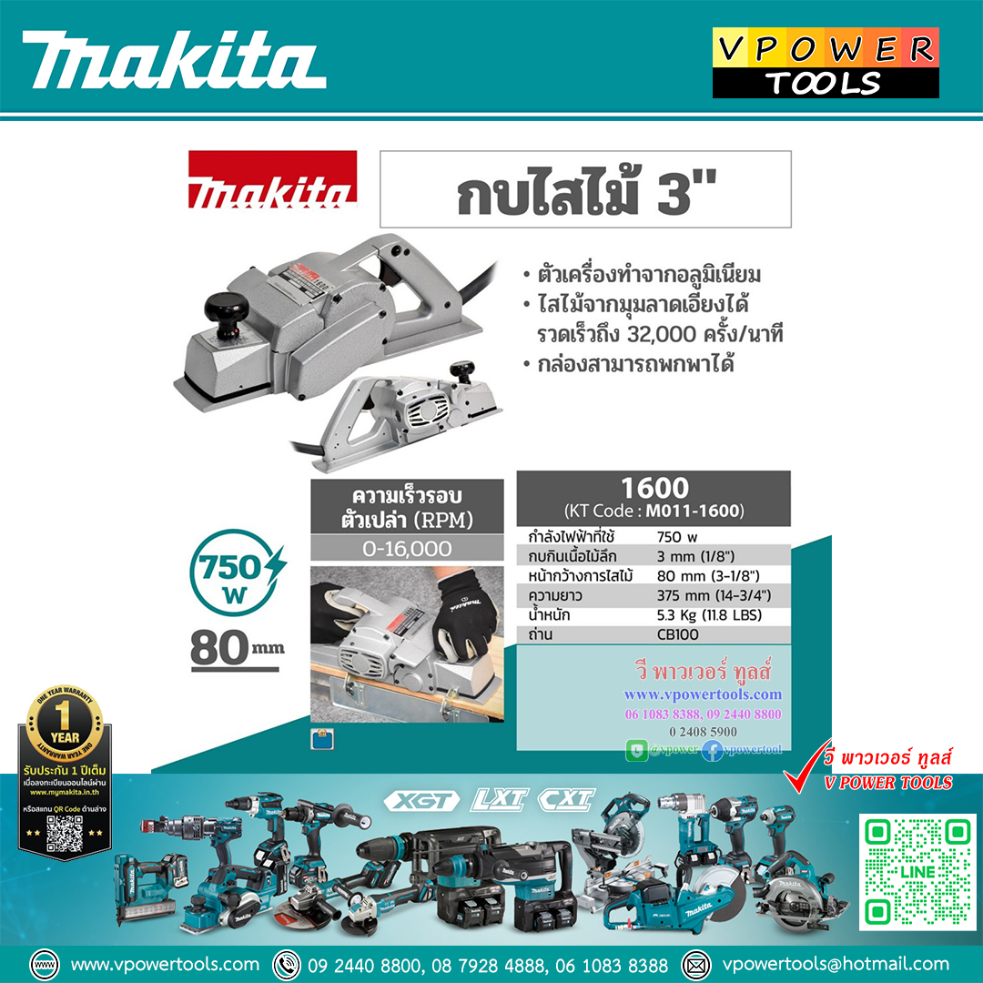 Makita 1600 กบไสไม้, กบไฟฟ้า 3" (ใบมีด 2 คม)