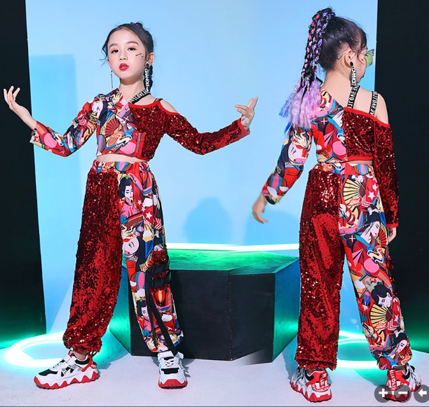 **พร้อมส่ง**ชุดเต้น ชุดฮิปฮอป เสื้อแขนยาว ปักเลื่อม พร้อมกางเกงขาขายาว