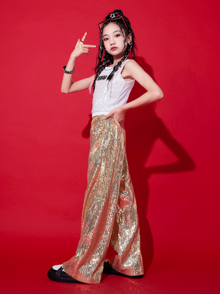 พร้อมส่ง ชุดเต้น ชุดแดนซ์ เสื้อแขนกุด+กางเกงขายาวปักเลื่อม