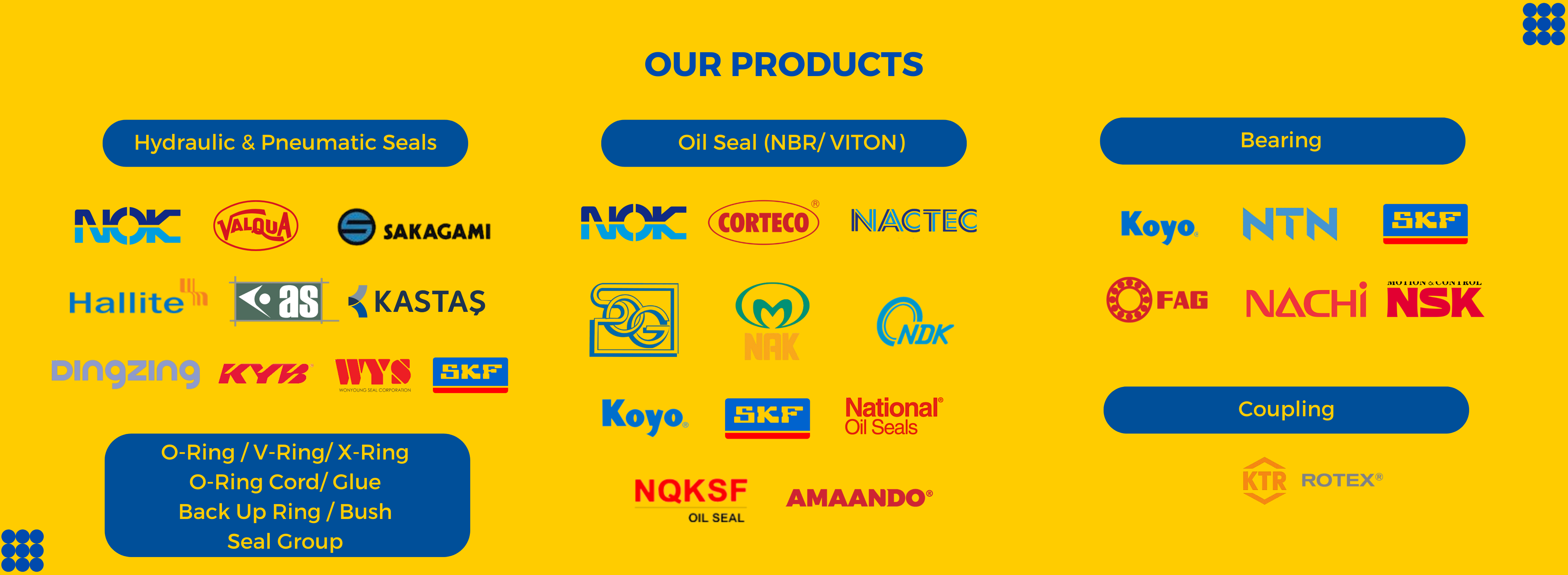 ผลิตภัณฑ์ของเรา: ซีลไฮดรอลิกและนิวเมติกส์, ซีลกันน้ำมัน (NBR/VITON), แบริ่ง (ตลับลูกปืน), ยอยคัปปลิ้ง และสินค้าในกลุ่มโอริง/วีริง/เอ็กซ์ริง พร้อมโลโก้แบรนด์ต่างๆ เช่น NOK, Valqua, Hallite, SKF, Koyo, NTN, Nachi, NACTEC, Corteco, NQK, AMAANDO และอื่นๆ