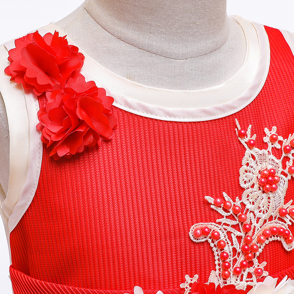 ชุดเด็ก : เดรสออกงาน สีชมพูแต่งลูกไม้กุหลาบ สีชมพู,แดง