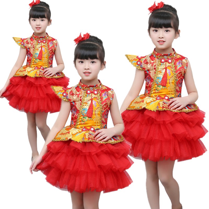 พร้อมส่ง ชุดจีน กี่เพ้า แขนสั้น กระโปรงพองฟู ชุดประกวดจีน