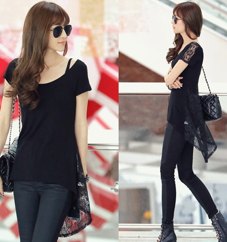 เสื้อแฟชั่นหางปลา สีดำ ต่อผ้าลูกไม้ด้านหลังและแขนเสื้อ เนื้อผ้าส่วนหน้าเป็นผ้าคอตตอลผสมผ้ายืด สวมใส่สบายไม่ร้อน ใส่ไปเที่ยว ไปงานใหนๆก็สวยจร้า
