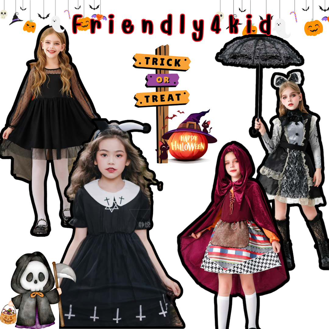 friendly4kid พร้อมส่ง ชุดฮาโลวีนเด็กผู้หญิง haloween ชุดเดรสสีดำ สไตล์สาวแม่บ้าน