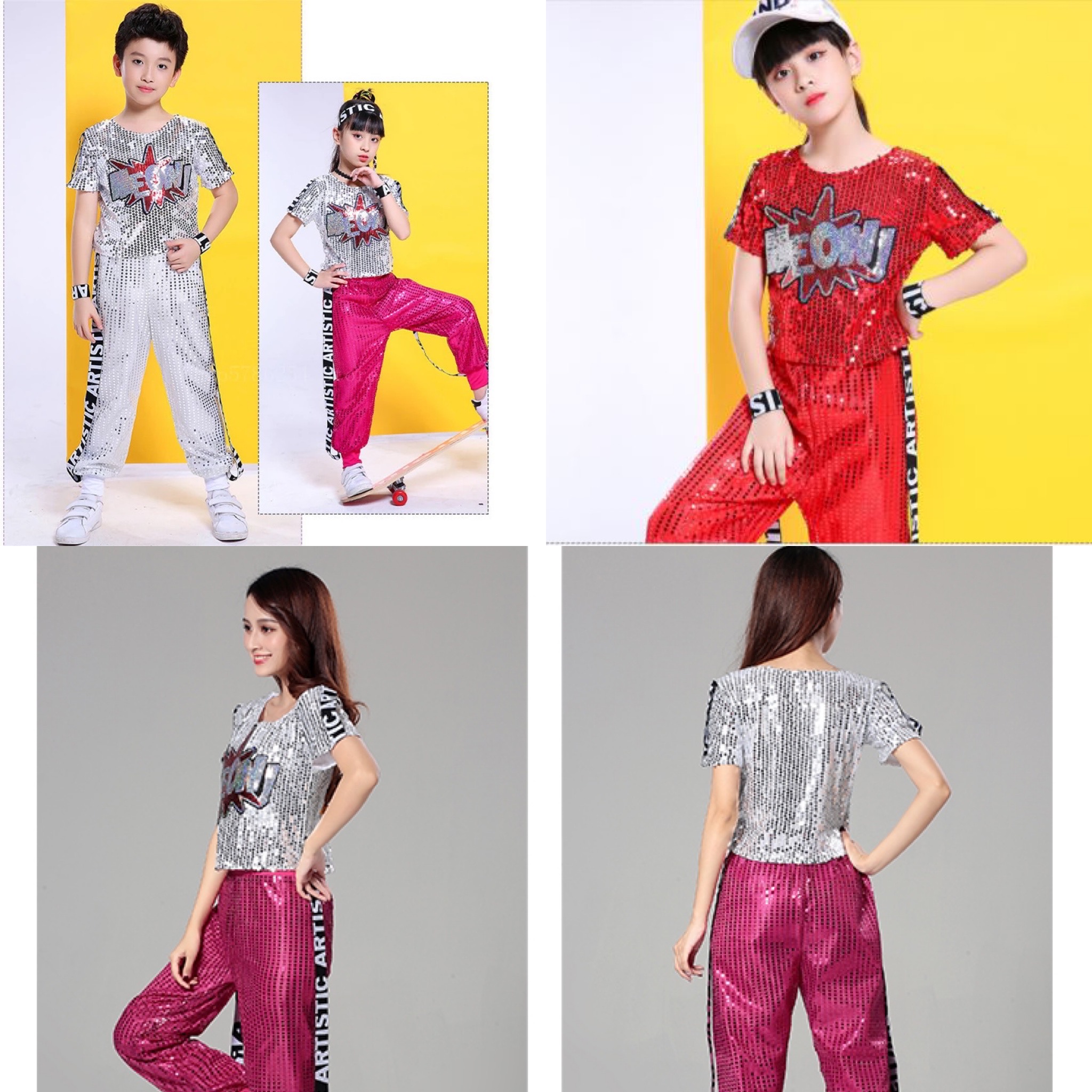 พร้อมส่ง ชุดแดนซ์ ชุดเต้น เสื้อครอปแขนสั้น +กางเกงขายาว ปักเลื่อม ปักอักษร MEOW