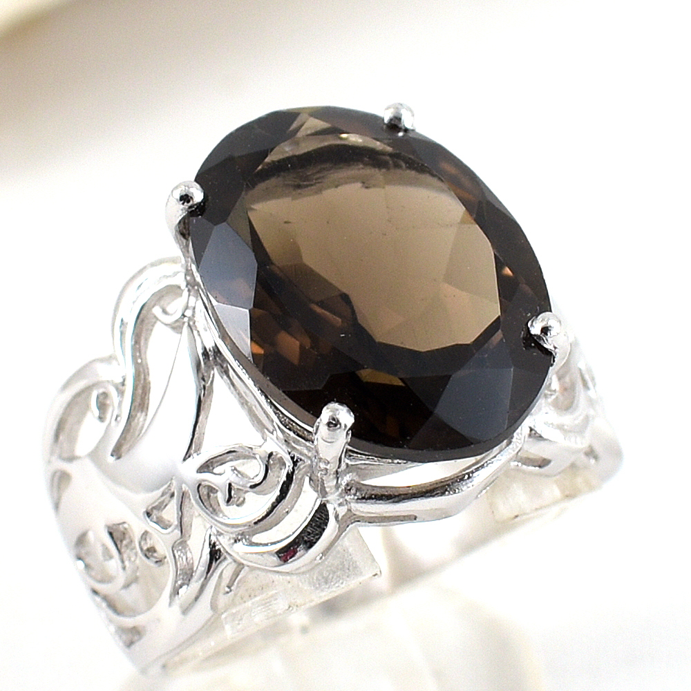 แหวนเงินแท้ราคาถูกชุบทองคำขาว พลอยแท้สโมกกี้ควอทซ์ 9.0 กะรัต งานประณีตสวยงาม สั่งผลิตค่ะ