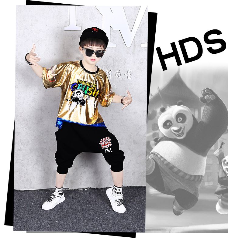 ชุดHIPHOP เสื้อแขนสั้นสีทอง+กางเกงดำ