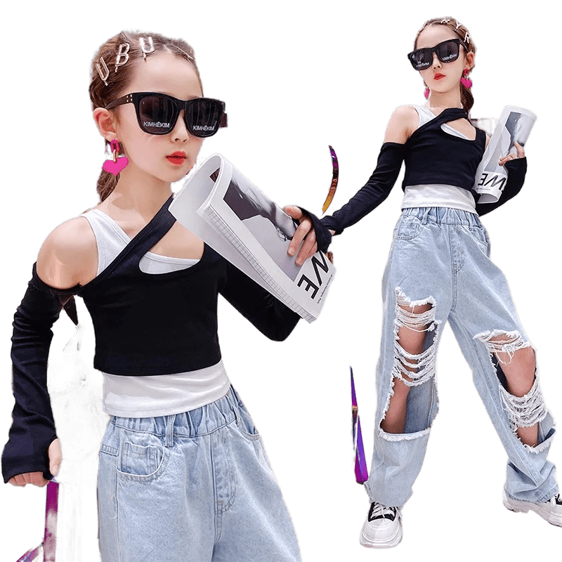 **เฉพาะเสื้อ**ชุดเต้น ฮิปฮอป เสื้อแขนยาว แขนคอไขว้ สีดำสลับดำ