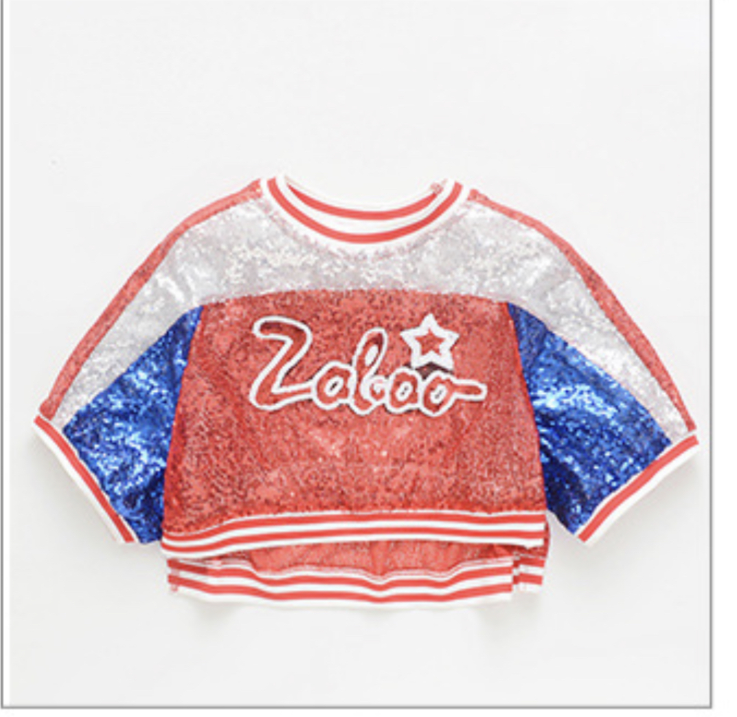 พร้อมส่ง ชุดเต้น ชุดแดนซ์ เซ็ต ปักเลื่อม แดง-ทอง เซ็ต 2 ขิ้น