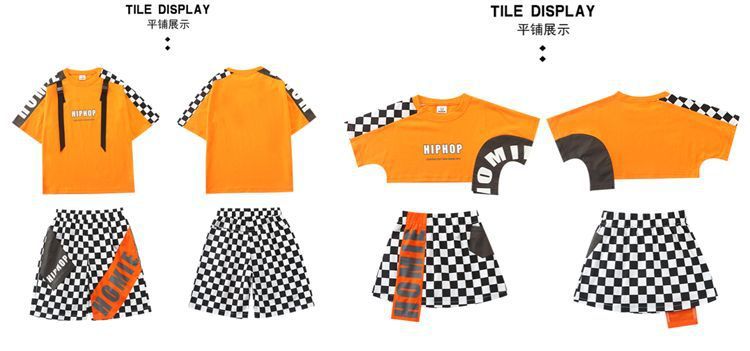 พร้อมส่ง ชุดเต้น ชุดเชียร์เด็ก เซ็ตสีส้ม ลายสก๊อต สีส้ม ชุดกีฬา สปอร์ต