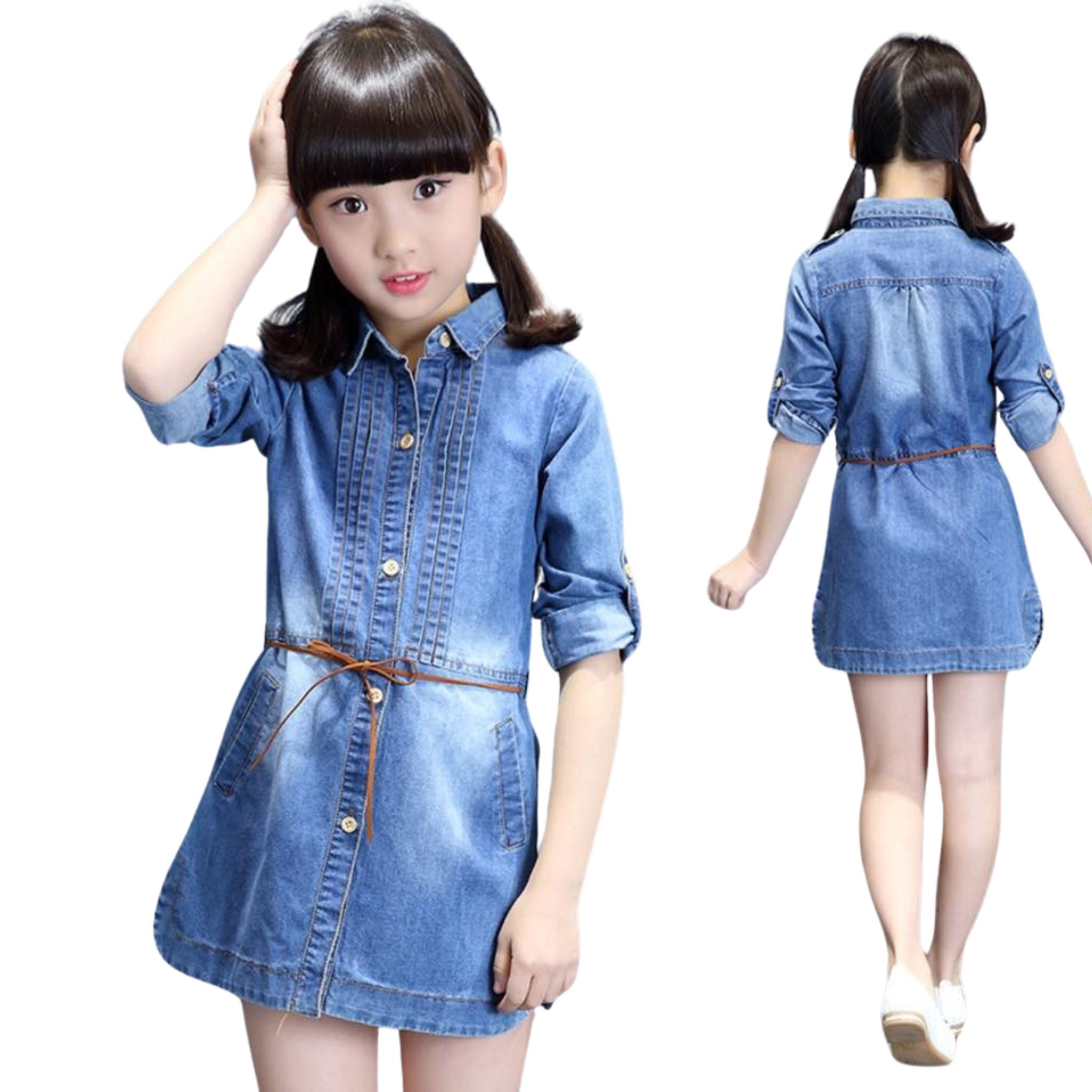 พร้อมส่ง ชุดเด็ก ชุดเซ็ต เดรสแขนยาว+เอี้ยมยีนส์ เอี๊ยมเด็ก