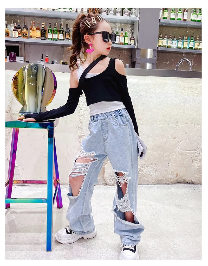 **เฉพาะเสื้อ**ชุดเต้น ฮิปฮอป เสื้อแขนยาว แขนคอไขว้ สีดำสลับดำ