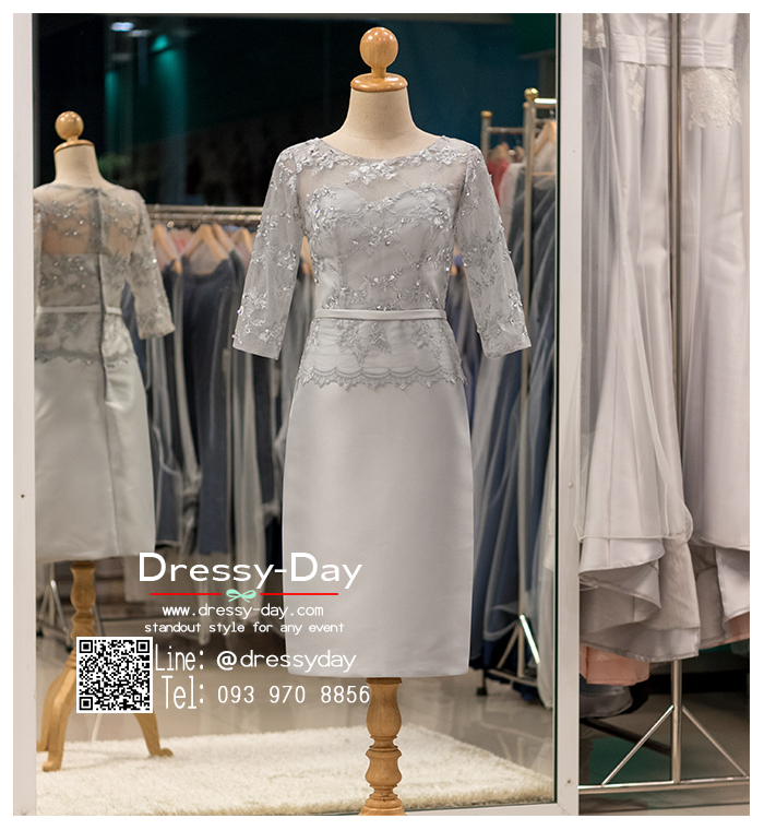 รหัส ชุดราตรีสั้น :PFS060 ชุดไปงานแต่งงานแขนยาวตกแต่งลูกไม้ ชุดราตรีสั้นผ้าไหมสีเทาสวยหรู ชุดเดรสออกงานสามารถใส่เป็นชุดไปงานแต่งงาน กาล่าดินเนอร์ ชุดไทยประยุกต์