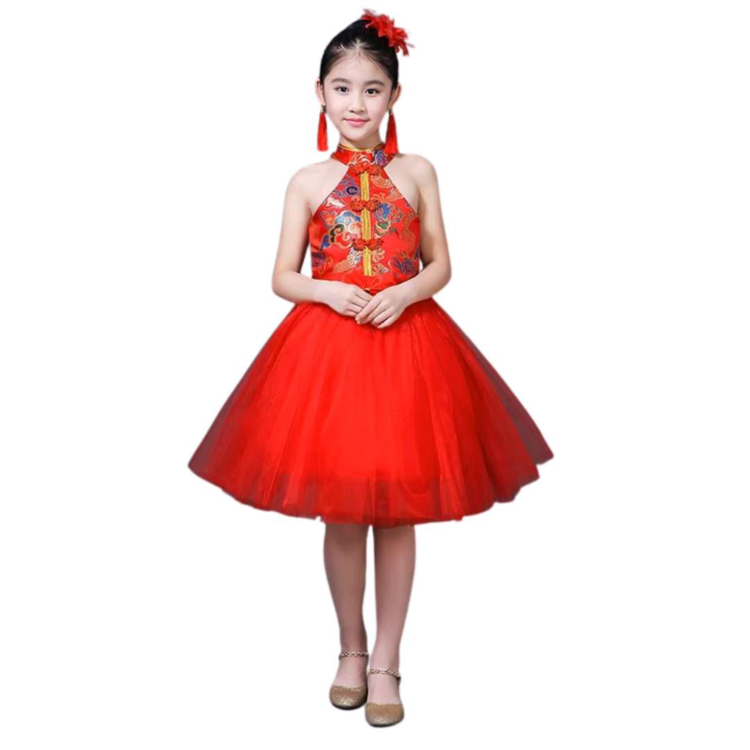 ชุดจีน กี่เพ้า เดรสกระดุมหน้า เปิดไหล่ สีแดง