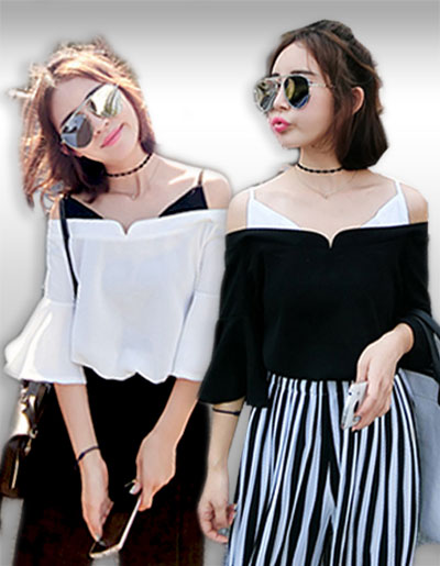 เสื้อแฟชั่นสายเดี่ยวโชว์ไหล่แบบสวยหวานรหัส1464