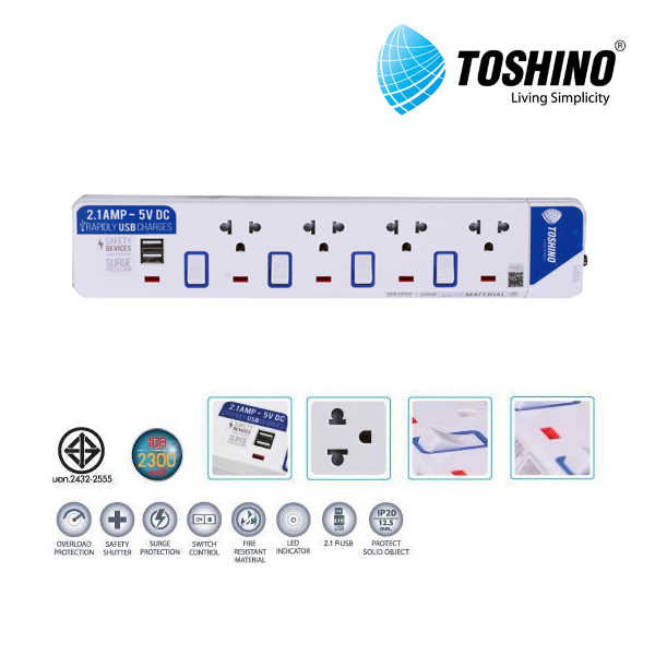 TOSHINO รางปลั๊กไฟ 4 ช่อง + 2 ช่อง USB สายไฟยาว 3 เมตร รุ่น ET-914USB