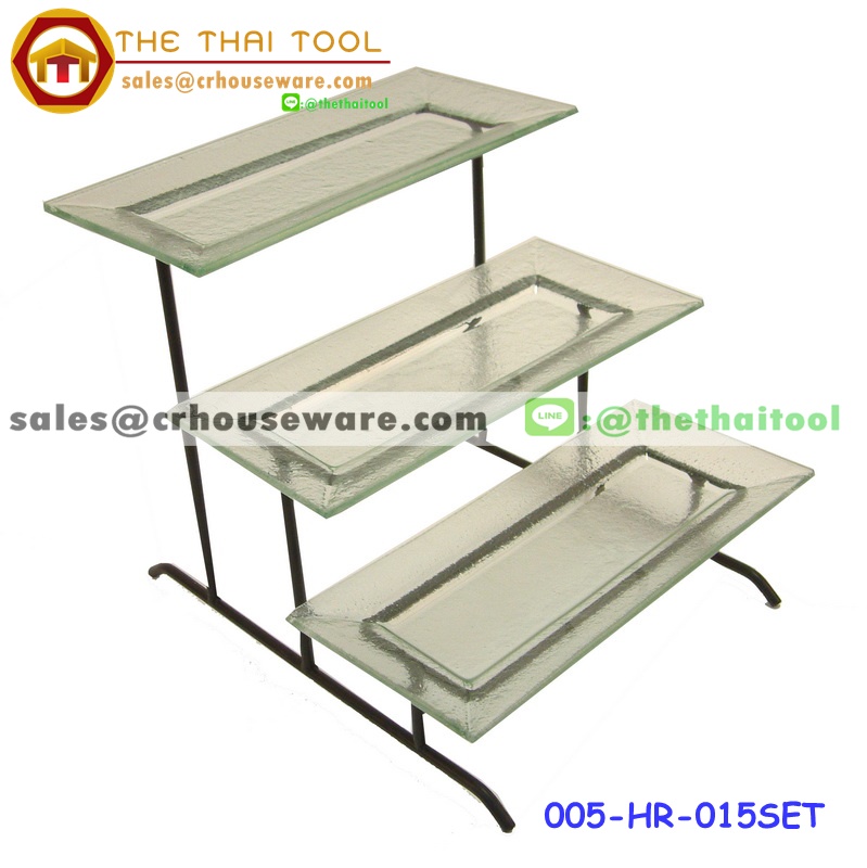ชั้นโชว์อาหาร 3 ระดับพร้อมจานแก้ว The show food dish glass staircase. 005-HR-015SET