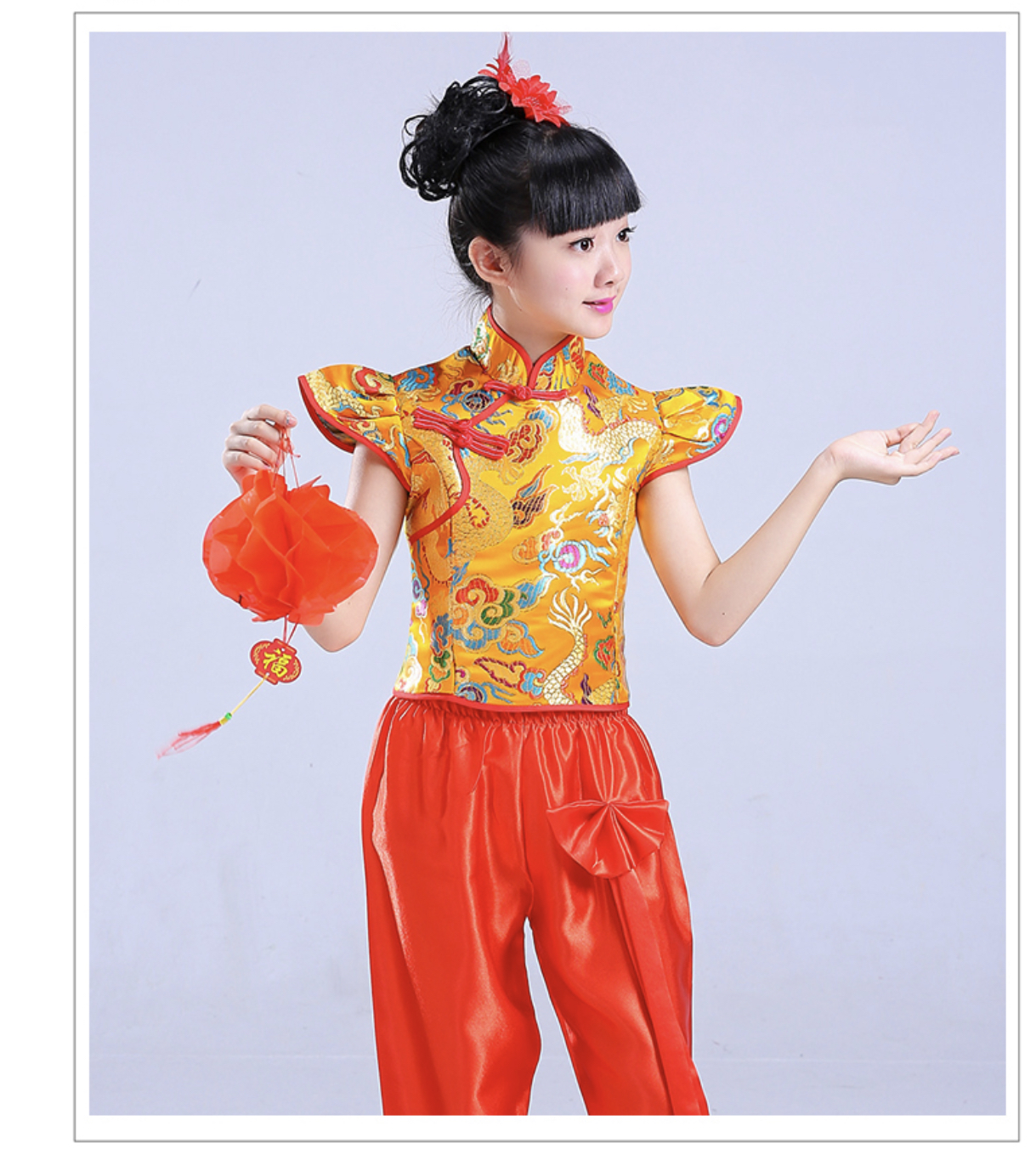 ชุดจีน กี่เพ้าแขนกุด แขนยาว+กางเกง สีแดง-สีเหลือง