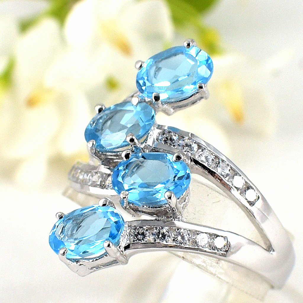 แหวนเงินแท้ราคาถูกชุบทองคำขาว สวิสบลูโทปาซแท้ 2.20 กะรัต เพชรCZ 0.33 กะรัต งานประณีตสวยงาม สั่งผลิตค่ะ