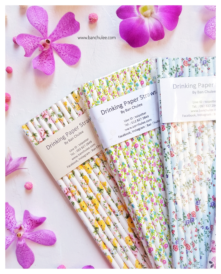 Floral Pattern Paper Straws หลอดกระดาษ ใช้สำหรับดื่มน้ำ
