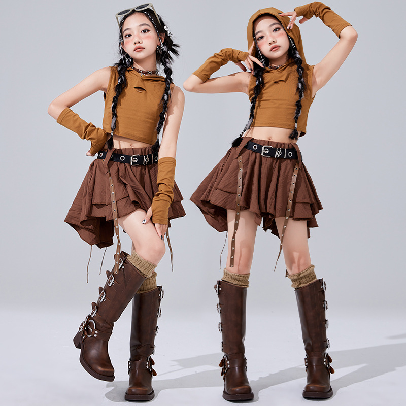 ชุดเต้น เสื้อ+กระโปรง/กางเกงขายาว น้ำตาล