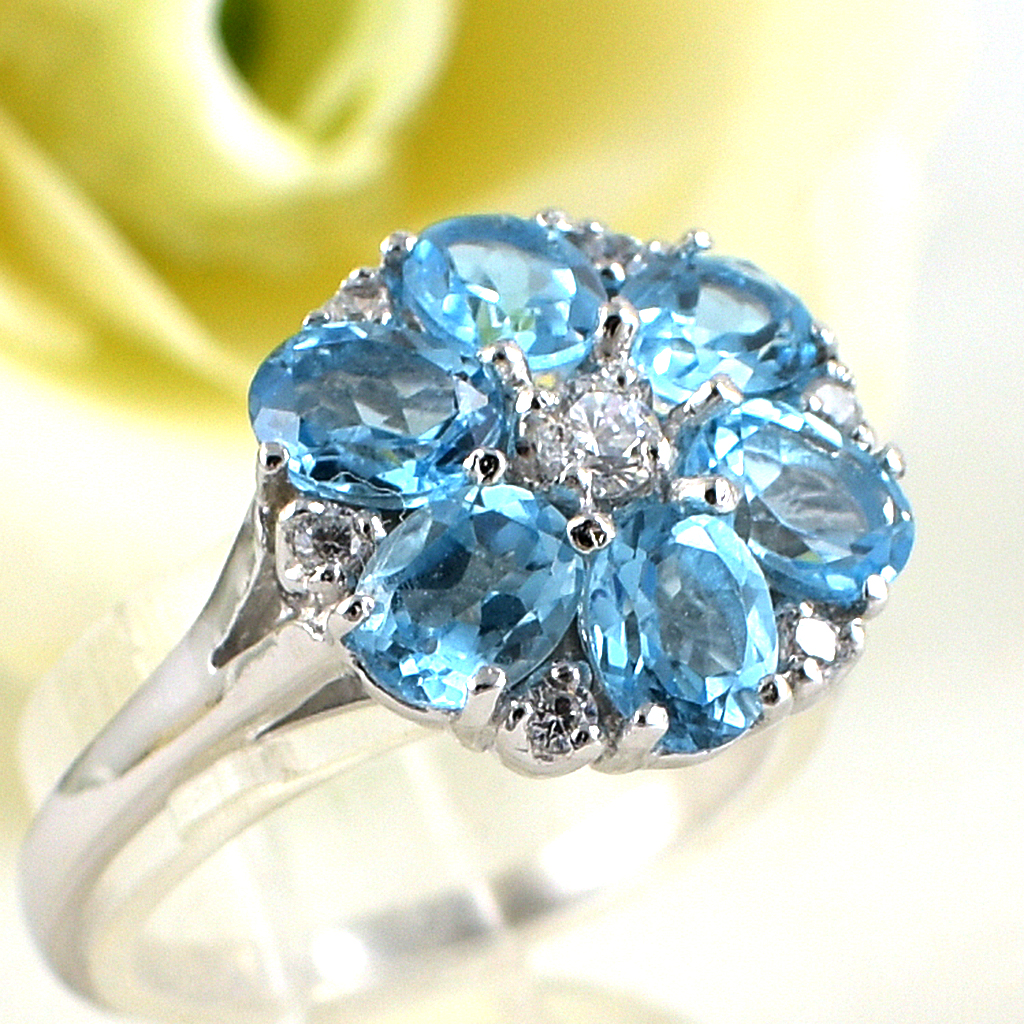 แหวนเงินแท้ราคาถูกชุบทองคำขาว สวิสบลูโทปาซแท้ 2.04 กะรัต เพชรCZ 0.41 กะรัต งานประณีตสวยงาม สั่งผลิตค่ะ