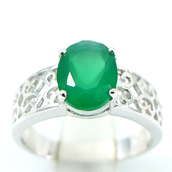 แหวนเงินแท้ราคาถูกชุบทองคำขาว พลอยแท้กรีนอะเกท 1.80 กะรัต งานประณีตสวยงาม สั่งผลิตค่ะ