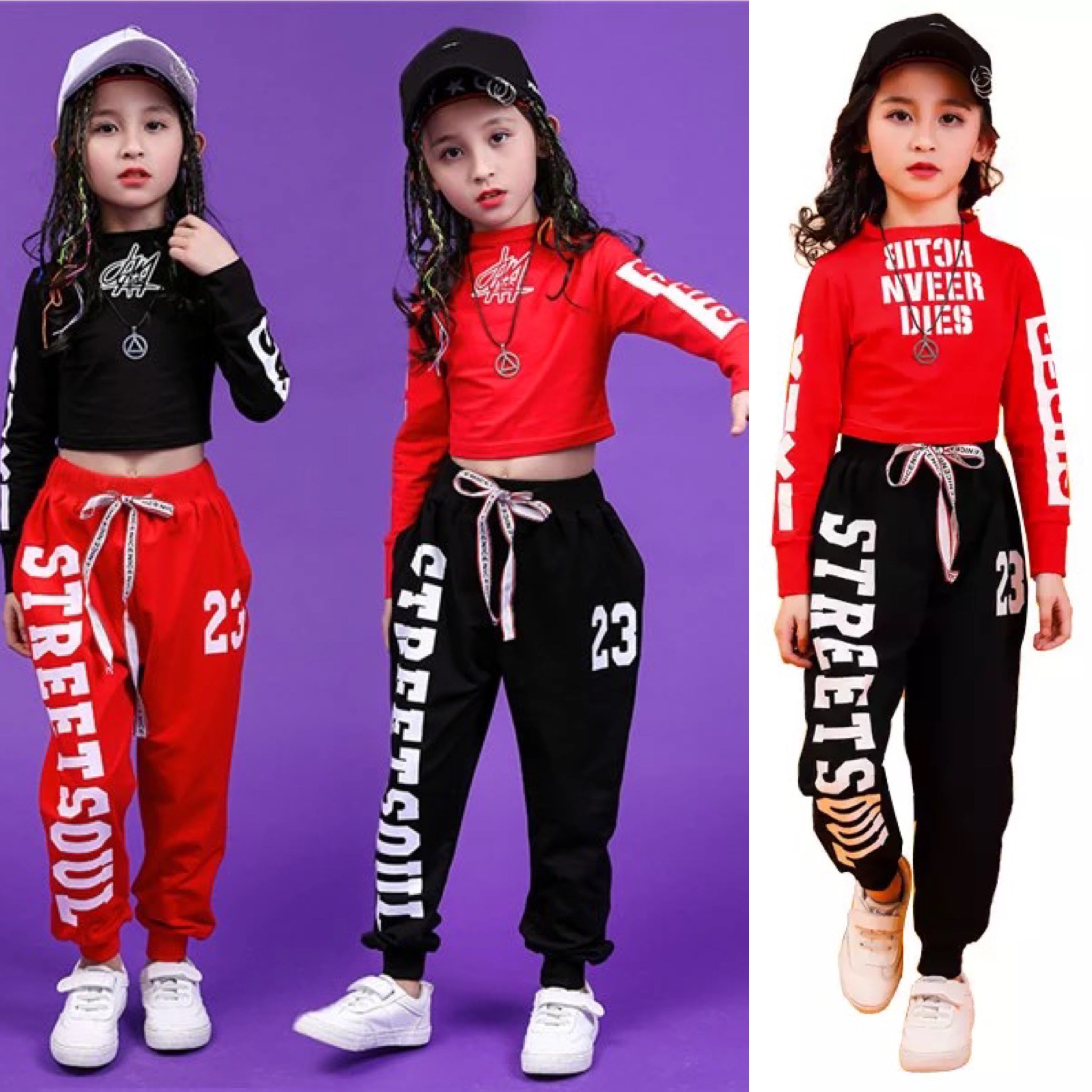 พร้อมส่ง ชุดเต้น ชุดฮิปฮอป สีขาวแขนยาวสีแดง+กางเกง