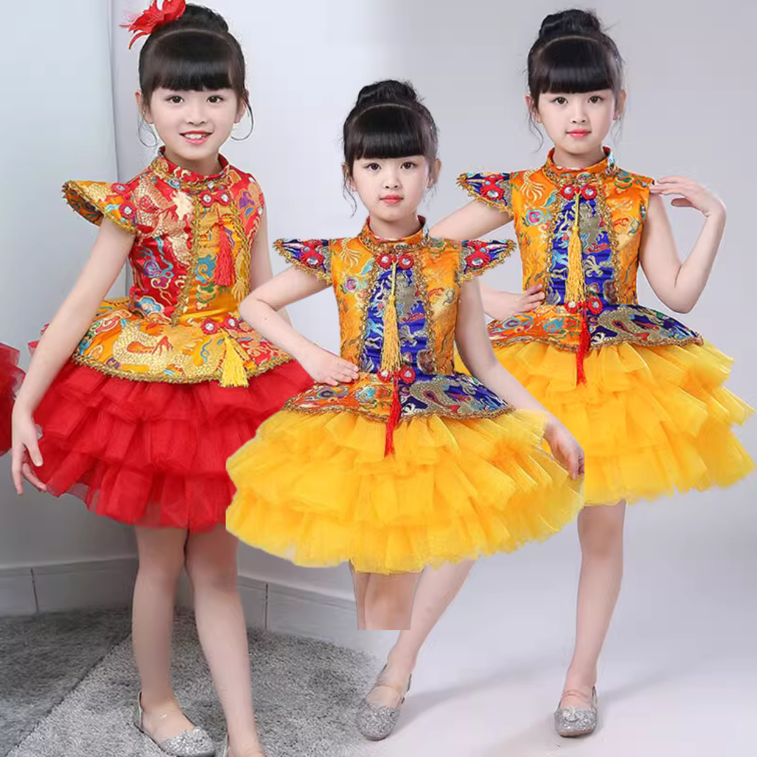 พร้อมส่ง ชุดจีน กี่เพ้า แขนสั้น กระโปรงพองฟู ชุดประกวดจีน