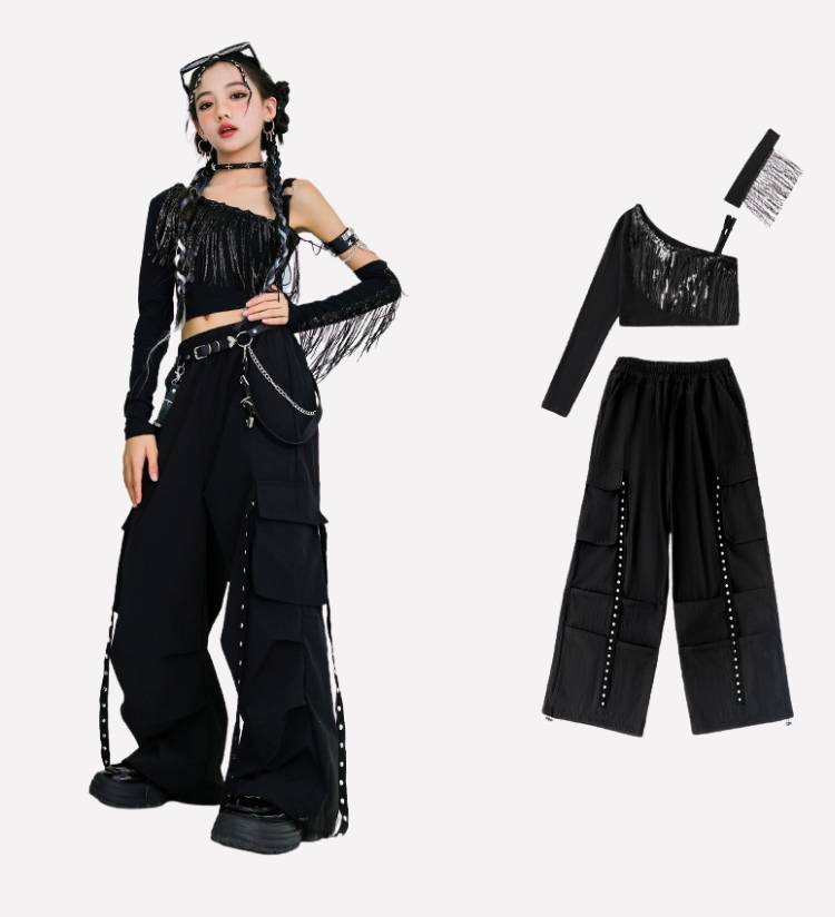 พร้อมส่ง ชุดเต้น ชุดแดนซ์ เสื้อแขนยาวปาดไหล่ กางเกงขายาว