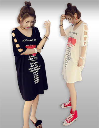 ชุดเดรสแขนสั้นโชว์ไหล่สุดเก๋ มี 2 สี รหัส2085