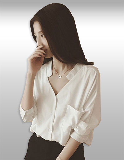 เสื้อแฟชั่นสีขาวคอวีแขนยาวสไตล์เรียบหรู รหัส1684