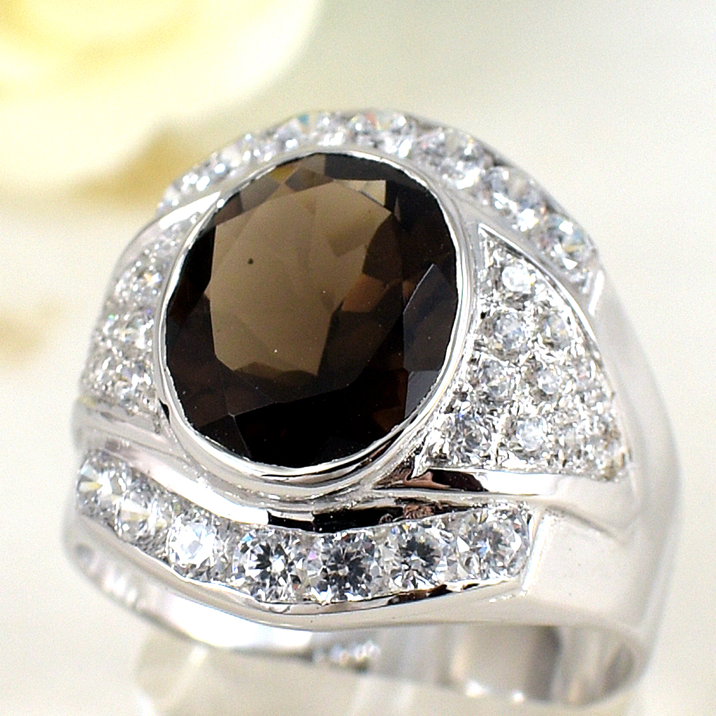 แหวนเงินแท้ราคาถูกชุบทองคำขาว พลอยแท้สโมกกี้ควอทซ์ 4.80 กะรัต เพชรCZ 1.38 กะรัต งานประณีตสวยงาม สั่งผลิตค่ะ