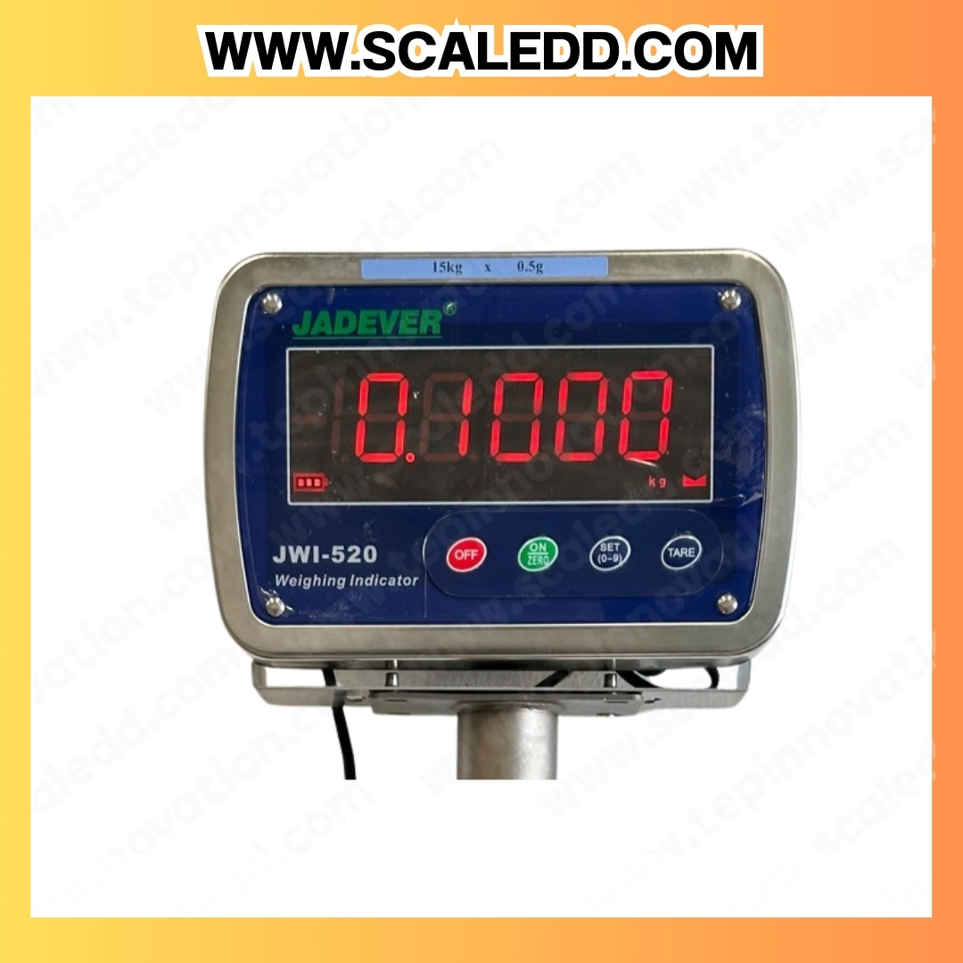 เครื่องชั่งกันน้ำตั้งพื้น พิกัดน้ำหนัก 15 kg. ค่าความละเอียด 0.5 กรัม ขนาดแท่นชั่ง 28x28 cm. ยี่ห้อ "JADEVER" รุ่น "JWI-520" (เครื่องชั่งผ่านตรวจรับรองจากสำนักชั่งตวงวัด)