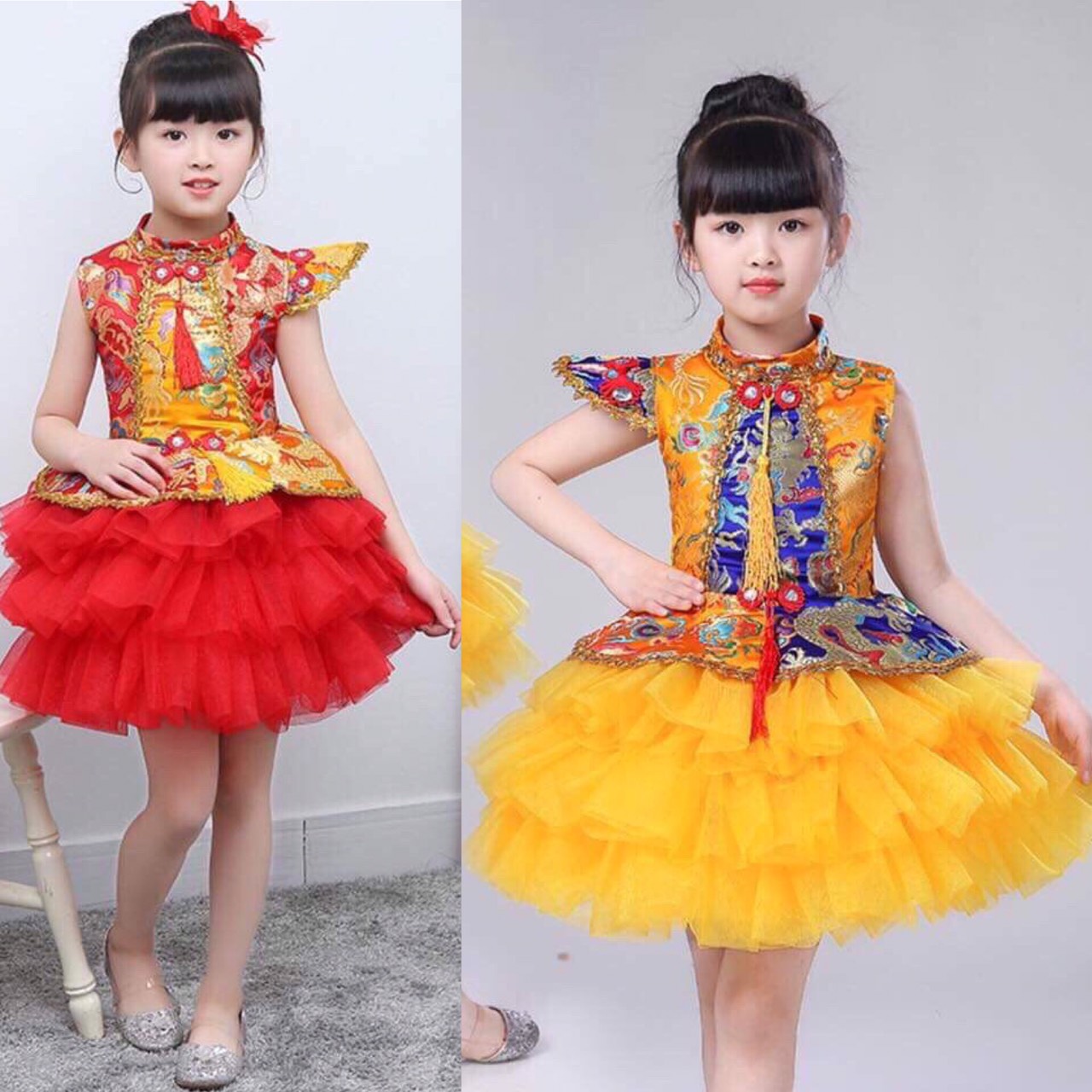 พร้อมส่ง ชุดจีน กี่เพ้า แขนสั้น กระโปรงพองฟู ชุดประกวดจีน