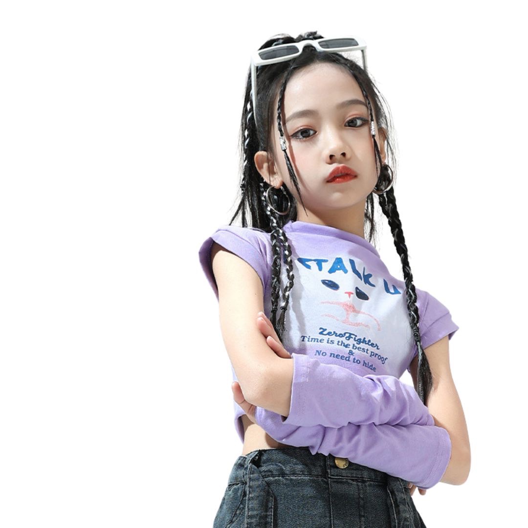 ชุดเต้น Coverdance เสื้อครอป แมว พร้อมปลอกแขน / กางเกงยีนส์คาร์โก้