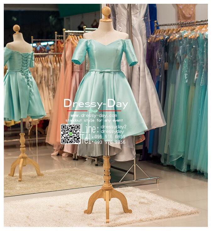 รหัส ชุดราตรีสั้น :PF064-2 PF064-2 ชุดราตรีสั้น เดรสออกงาน ชุดไปงานแต่งงาน ชุดแซก สีเขียวมื้น มีแขน เปิดไหล่ ผ้าไหมสุดหรู เหมาะสำหรับงานแต่งงาน งานกลางคืน กาล่าดินเนอร์
