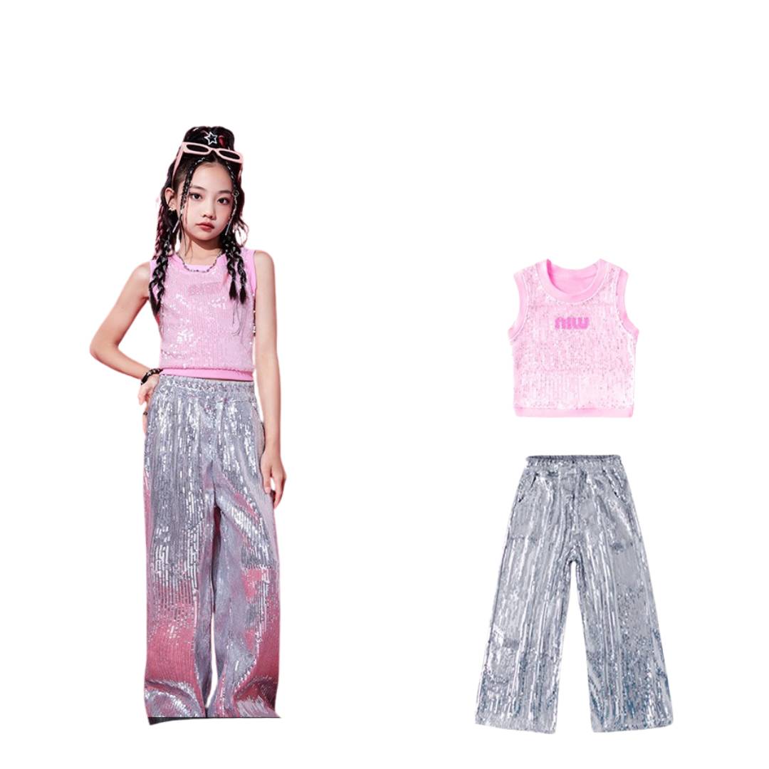 พร้อมส่ง ชุดเต้น ชุดแดนซ์ เสื้อแขนกุด+กางเกงขายาวปักเลื่อม