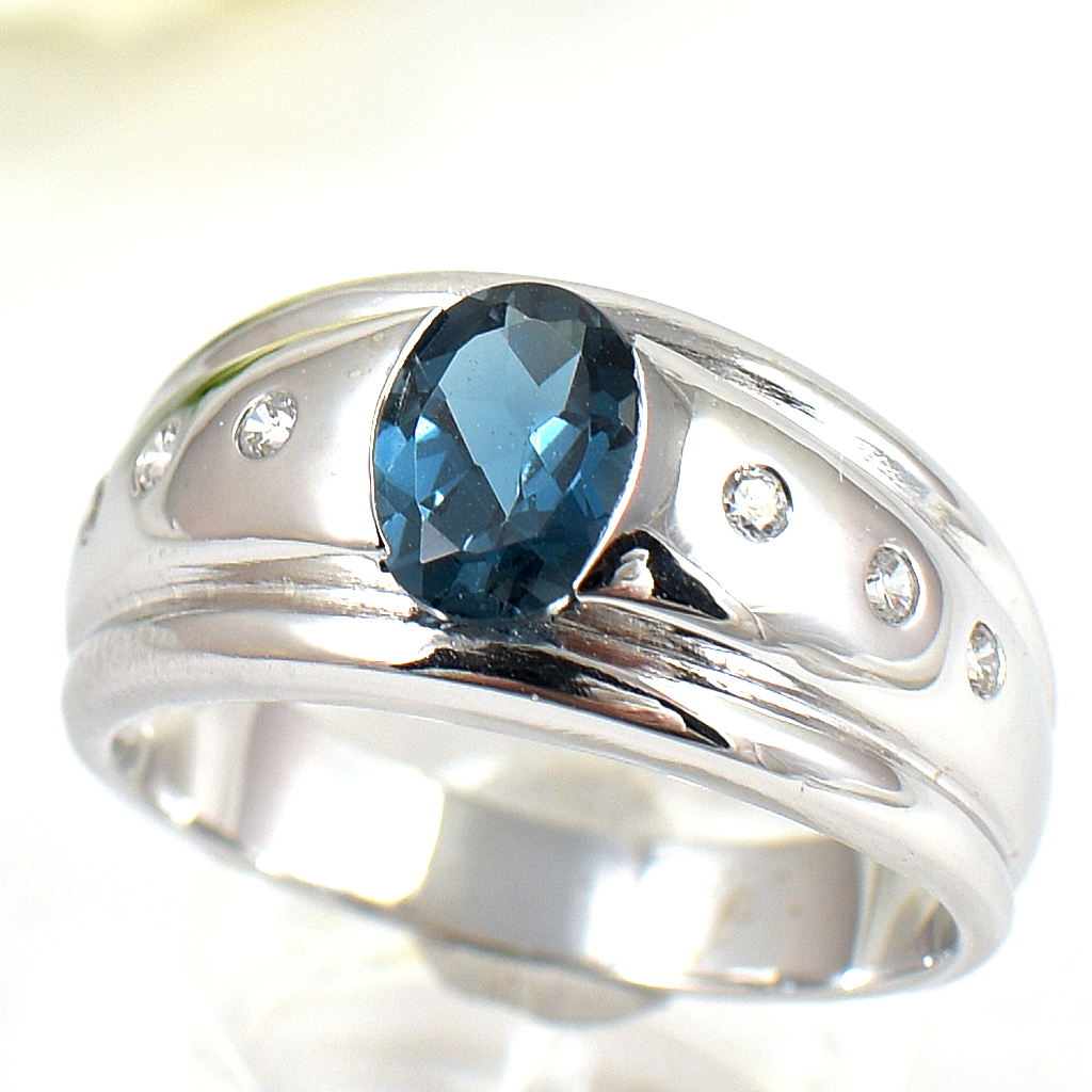 แหวนเงินแท้ราคาถูกชุบทองคำขาว ลอนดอนบลูโทปาซแท้ 1.65 กะรัต เพชรCZ 0.18 กะรัต งานประณีตสวยงาม สั่งผลิตค่ะ