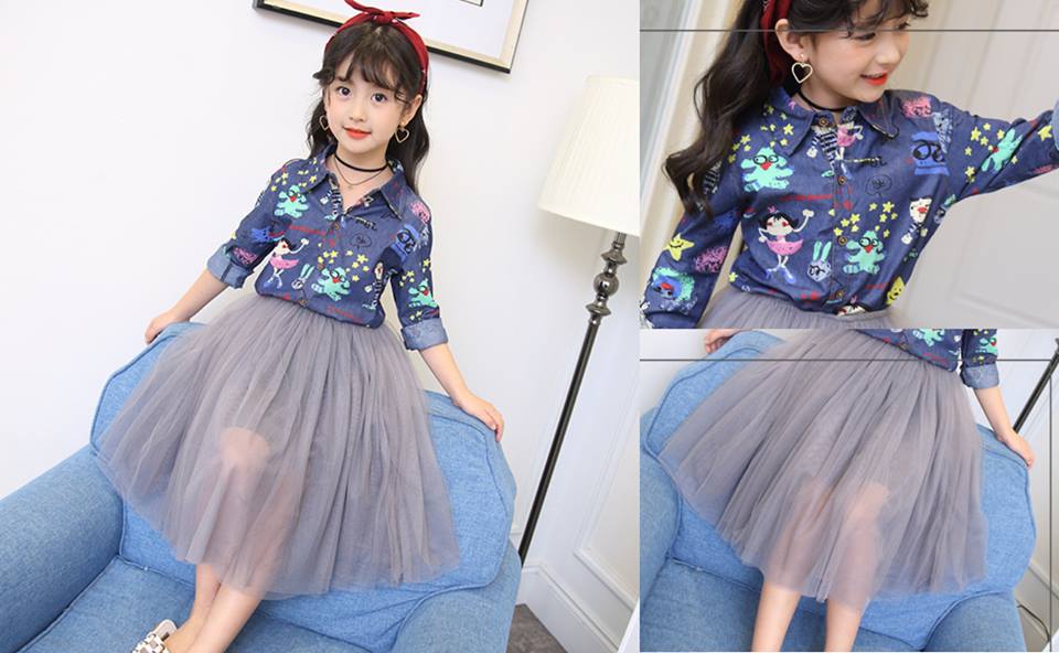 ชุดเซ็ตเสื้อเชิ๊ตแขนยาวสีฟ้ายีนส์ +กระโปรงยาวสีเทา